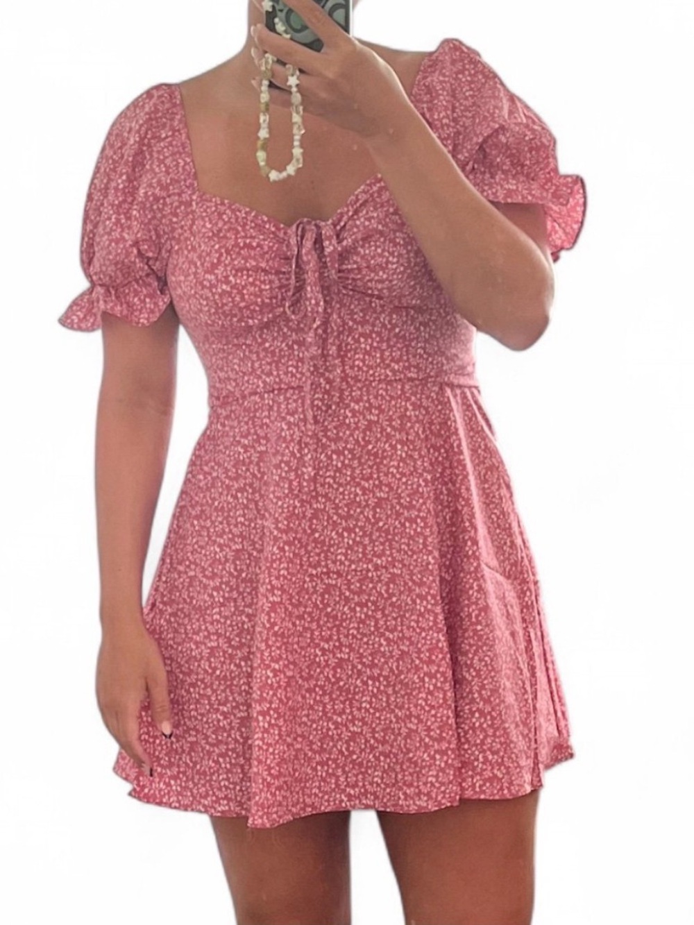 Floral Tie-Front Puff Sleeve Mini Dress in Dusty Rose